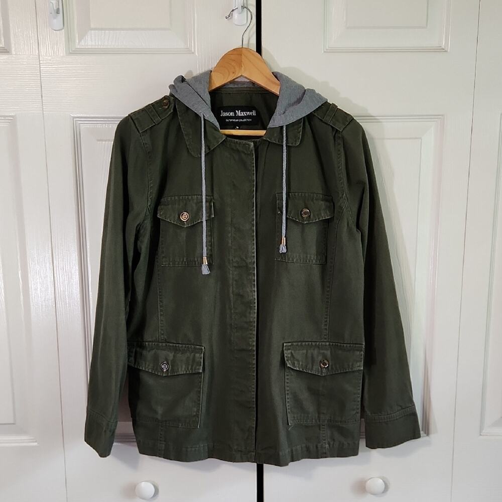 Jason Maxwell Womens Green & Gray Jacket Size Med Button Front Hooded Gorpcore